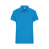 A blue women's polo shirt with a classic collar and short sleeves, featuring a logo.