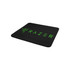 A black mouse mat with a textured top surface, featuring a green logo on one side.