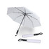 A white umbrella with a black handle, featuring a compact design for easy storage. It has a logo on the handle.