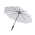 A white umbrella with a black handle and frame, featuring a logo on the handle.