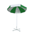 A green and white striped beach umbrella with a white pole and a cross base. It features a logo on the canopy.