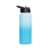 A drink bottle featuring a gradient design in blue shades, with a black flip top lid and a logo.