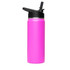 A drink bottle in bright pink with a black flip top lid and a logo. Suitable for carrying beverages.