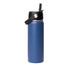 A drink bottle with a matte blue finish and a black rotating carry handle lid, featuring a logo.