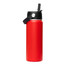 A drink bottle in vibrant red with a black lid and a rotating carry handle. Features a logo on the side.