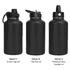 A drink bottle set featuring three black vacuum bottles with different lid options: screw cap, flip top, and rotating carry handle.