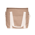 A tan cooler bag with white straps and a front pocket, featuring a zipped closure and an adjustable shoulder strap.