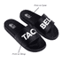 A pair of black PVC slides featuring a prominent logo and text printed on the strap and sole.