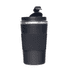 A black reusable coffee cup with a ridged silicone grip and a flip-top lid, featuring a metallic band.