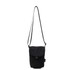 A small black canvas shoulder bag with a flap and an adjustable strap. It features a logo on the front.