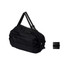 A foldable black shoulder bag with adjustable straps, shown alongside a compact folded version.