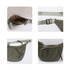 An olive green Dumpling Crossbody Bag with adjustable straps and zippered compartments, featuring a neutral interior.