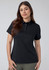 A black women's short sleeve polo with a collar and buttons, featuring a fitted design.