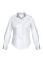 A long sleeve ladies shirt in white with a grey collar, featuring a logo on the chest.