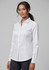 A white women's long sleeve button-up shirt displayed on a model, featuring a classic collar and a fitted silhouette.