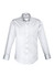 A white long sleeve shirt featuring a button-down collar and a chest pocket. It has a logo on the fabric.