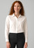 A white long sleeve button-up shirt for women, featuring a collar and shown with a model.