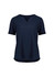 A navy women's ruché short sleeve blouse with a V-neck and a slightly curved hem. Features a simple design and has a logo.