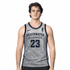 A sleeveless grey basketball top featuring navy accents and a logo, designed for sports uniforms.