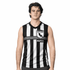 A sports jersey in black and white stripes featuring a logo, with a sleeveless design and a grey band.
