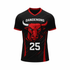 A black and red sublimated rugby jersey featuring a bull graphic and a number 25. The jersey has a branding logo.