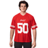 A red NFL jersey with white stripes and a large number 50, featuring a logo on the front.