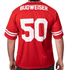 A red NFL jersey featuring a large white number 50 on the back and a logo on the upper section.