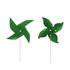 Two green four-leaf pinwheels on white sticks, featuring a simple design with a central spinning pin.