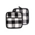 A pair of black and white quilted pot holders with a checkered pattern and a hanging loop. One features a pocket.