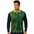 A long-sleeve polo shirt featuring a green and yellow design, with a navy blue base and a logo on the front.