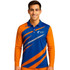 A long-sleeved polo shirt in blue and orange with a logo, featuring a dynamic design.