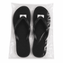 Black rubber thongs displayed on a clear bag, featuring a simple design and a logo on the straps.