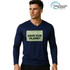 A navy unisex long-sleeve v-neck shirt featuring a large text design and a logo indicating recycled materials.