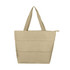 A beige reusable shopping bag with a zippered pocket and two sturdy handles. It features a logo.