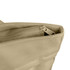A tan extendable shopping bag with a zippered opening and a sturdy fabric design. It features a logo on the side.
