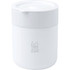 A ceramic tumbler in white with a silicone wrap, featuring a lid and a logo.