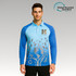 A blue and light blue long-sleeve polo shirt with a logo and a floral design. Features a Global Recycled Standard badge.
