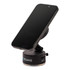 A black vacuum suction magnetic phone stand with a smartphone attached, designed for stability and convenience.