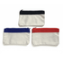 A trio of canvas pencil cases in navy, royal blue, and red, featuring a cream-coloured body. Each has a zip closure.