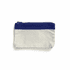 A canvas pencil case in blue and cream with a zippered closure and a logo on the front.