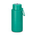 A drink bottle in a vibrant teal colour with a secure lid and a handle for easy carrying. It has a logo on the surface.