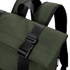 A soft-touch flap backpack in forest green with black straps and a buckle closure. It features a logo on the strap.