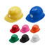 A collection of PVC construction hats in yellow, blue, pink, orange, green, black, and white. Each hat has a shiny finish.