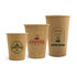 Three custom disposable single wall kraft paper cups in various sizes, showcasing earthy brown tones and logos.