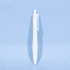 A white plastic ballpoint pen with a clip and a smooth, sleek design against a light blue background.