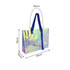 A colourful, transparent PVC tote bag with blue handles, measuring 50cm wide by 30cm high.