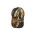 A six-panel cap in true timber camouflage featuring shades of brown, black, and tan. It includes a branding logo.