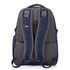 A grey and navy backpack featuring padded shoulder straps and a logo, designed for comfort and functionality.