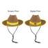 A Western straw hat featuring a woven design, yellow band, and adjustable chin strap. Two printing styles are visible.