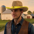 A straw hat in natural tones with a yellow band, displayed on a man wearing a denim shirt and leather vest.